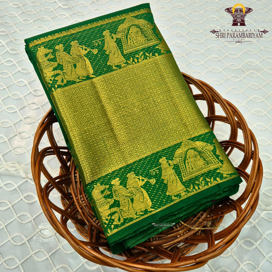 A rich Parrot Green with Antique Gold Zari Saree