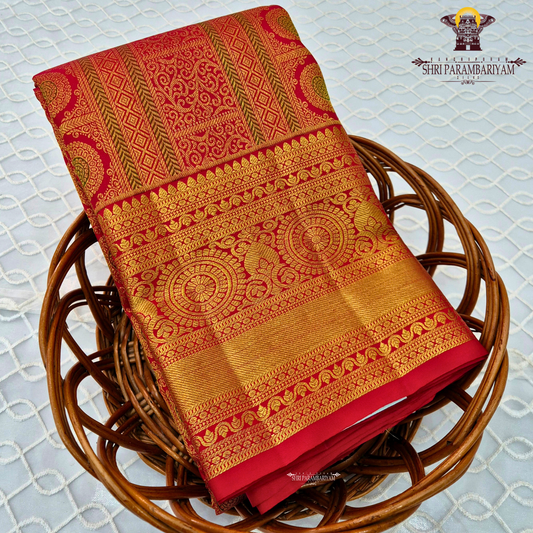Rich bridal red with lustrous antique gold zari work Saree
