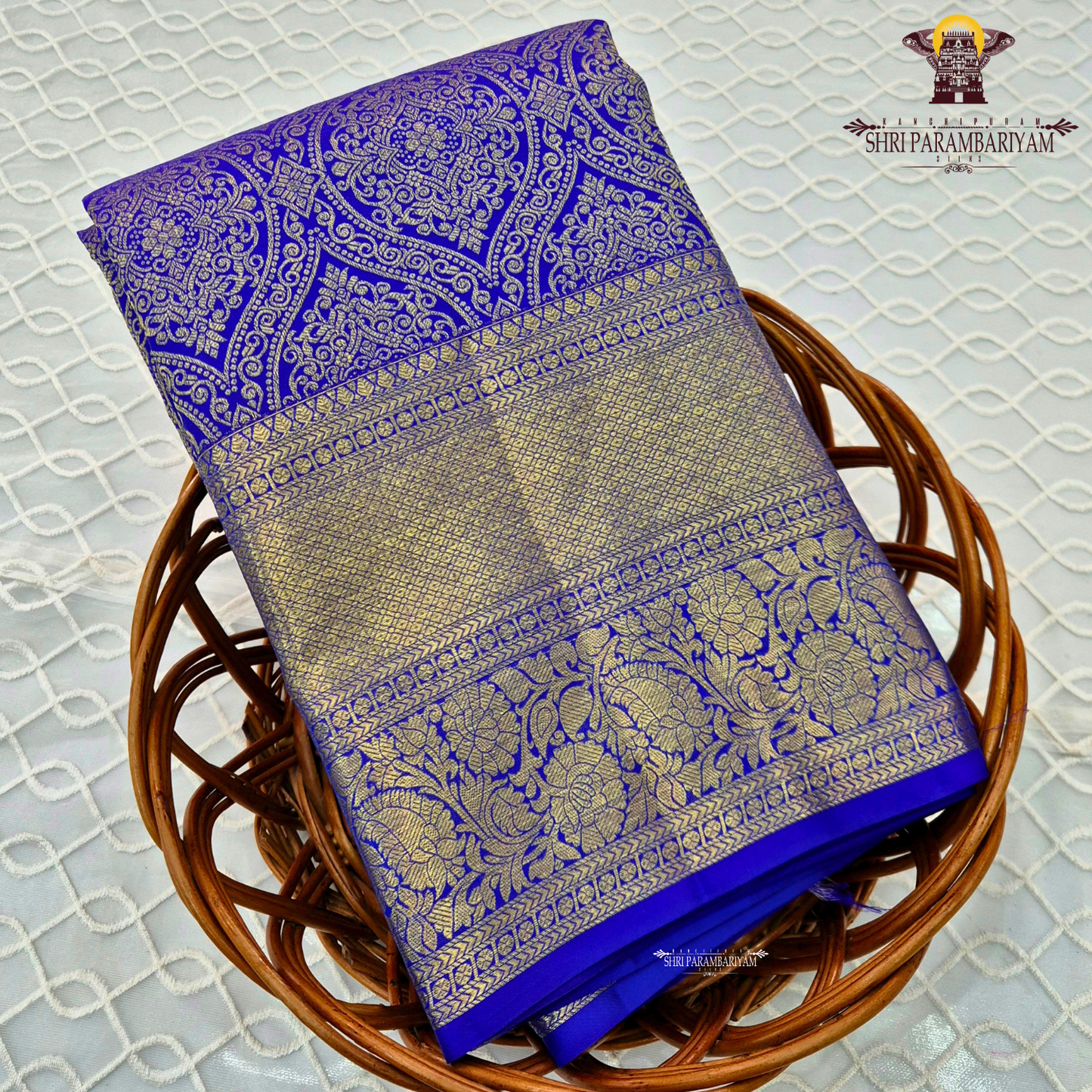 Vibrant royal blue shade with rich antique gold zari Saree