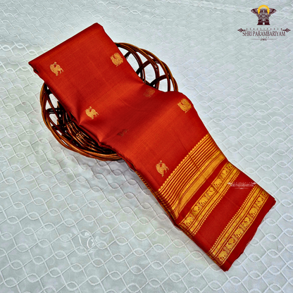 A rich Rust Orange / Burnt Copper Orange shade with an elegant golden zari Saree