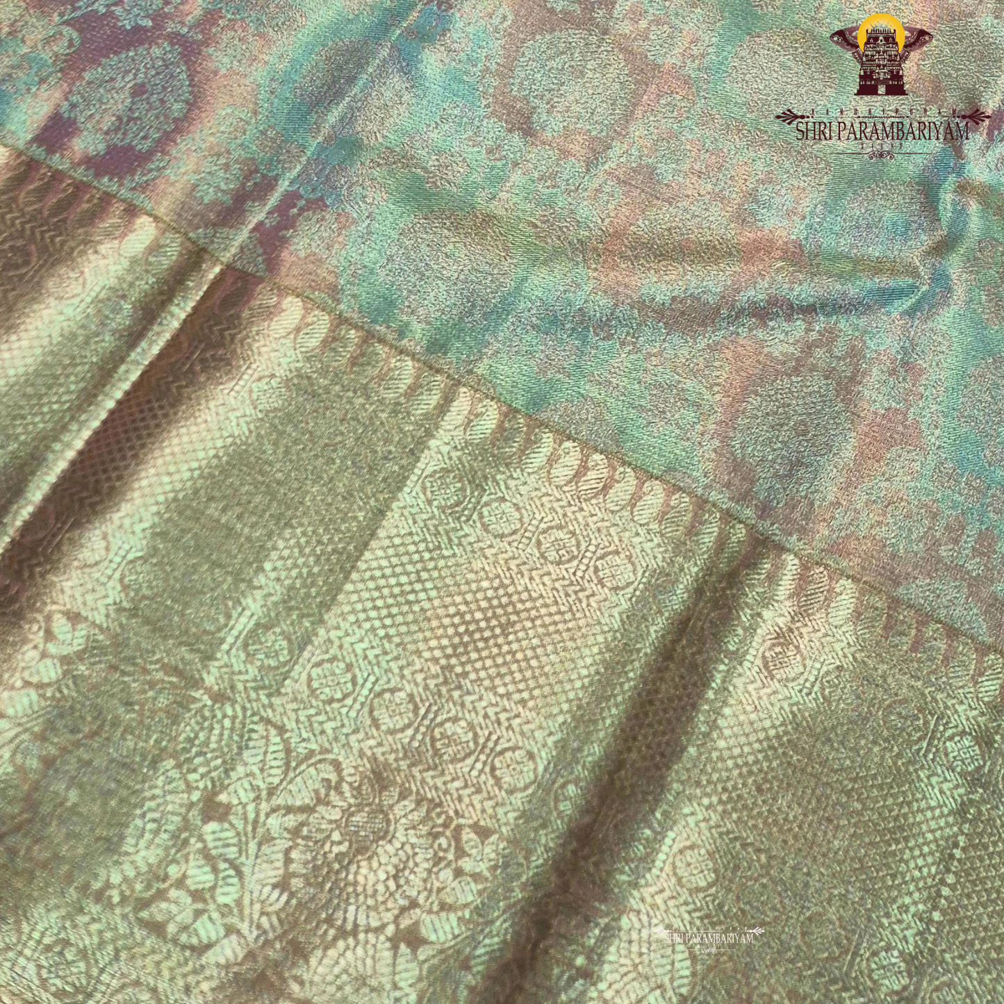 A rich antique gold tissue base blended with pastel mint green and soft peach tones Saree