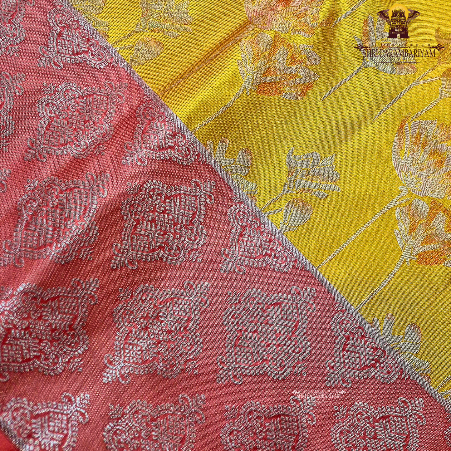 Mustard yellow body with coral pink / peach contrast pallu and elegant silver zari work Saree