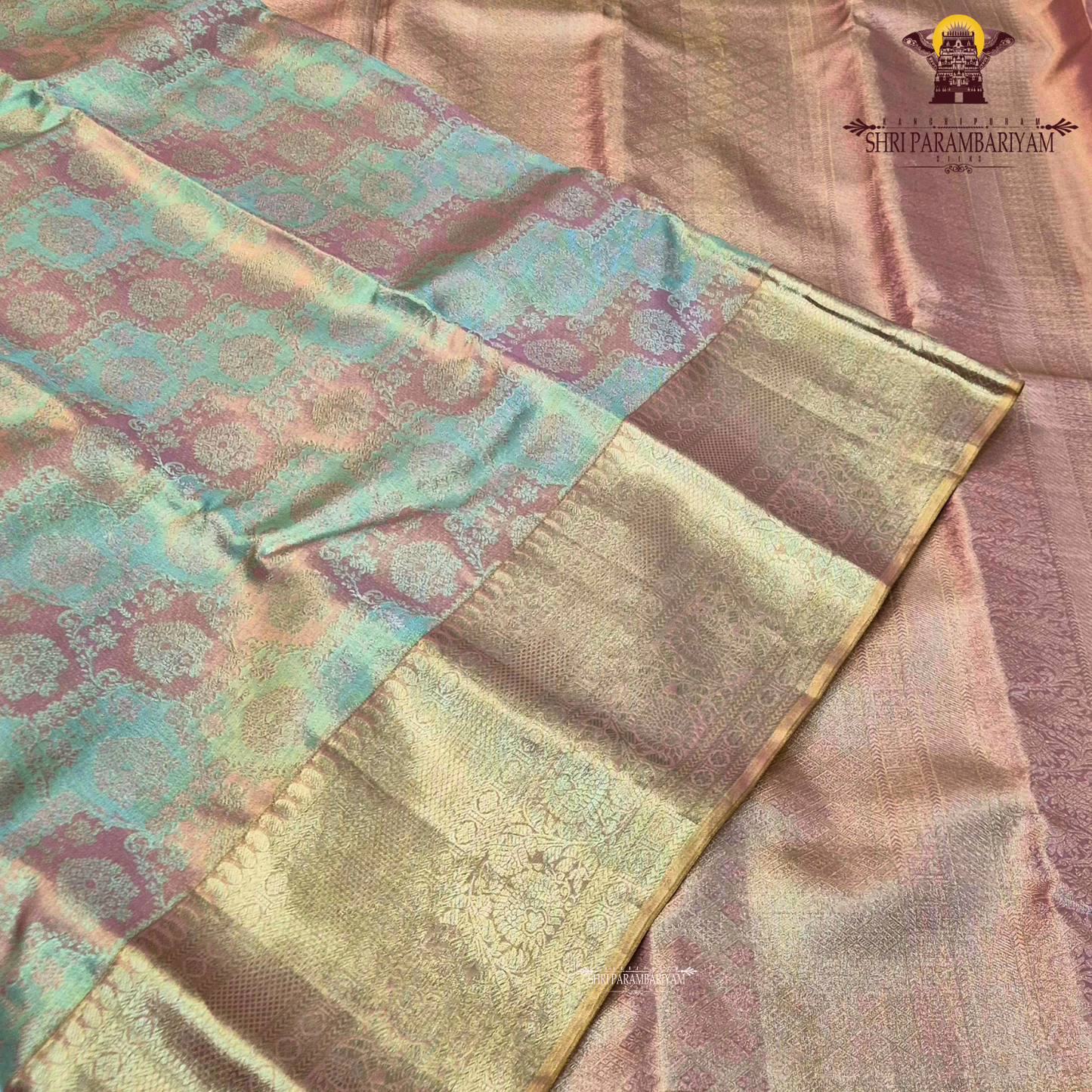 A rich antique gold tissue base blended with pastel mint green and soft peach tones Saree