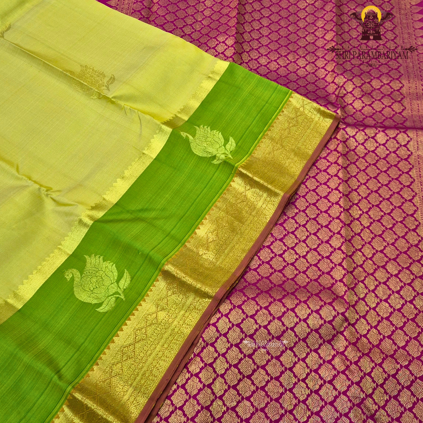 A pastel Yellow and Parrot Green with rich Gold Zari Saree