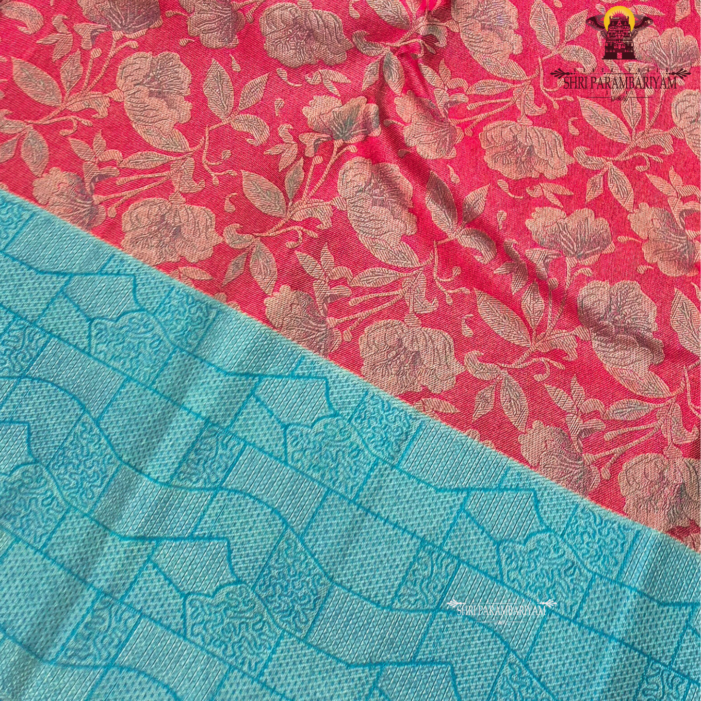 Bright rani pink body with sky blue contrast border/pallu and silver zari Saree