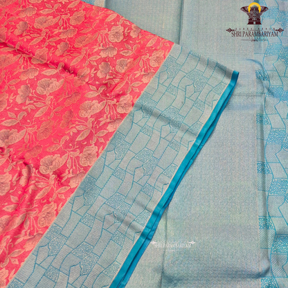 Bright rani pink body with sky blue contrast border/pallu and silver zari Saree