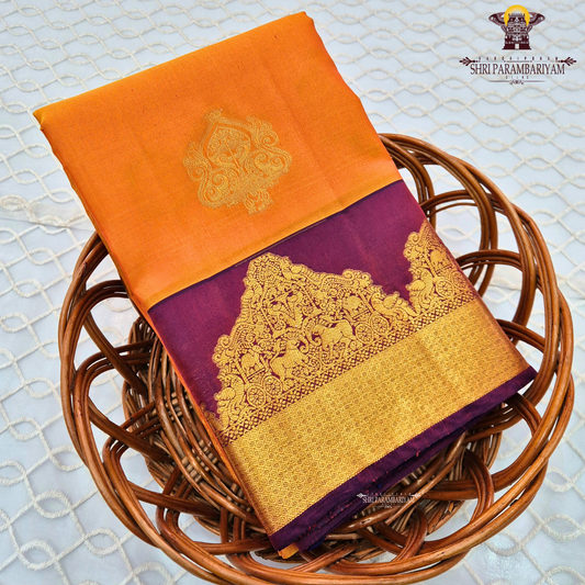Radiant sunset orange with Deep royal plum purple with opulent antique gold zari Saree
