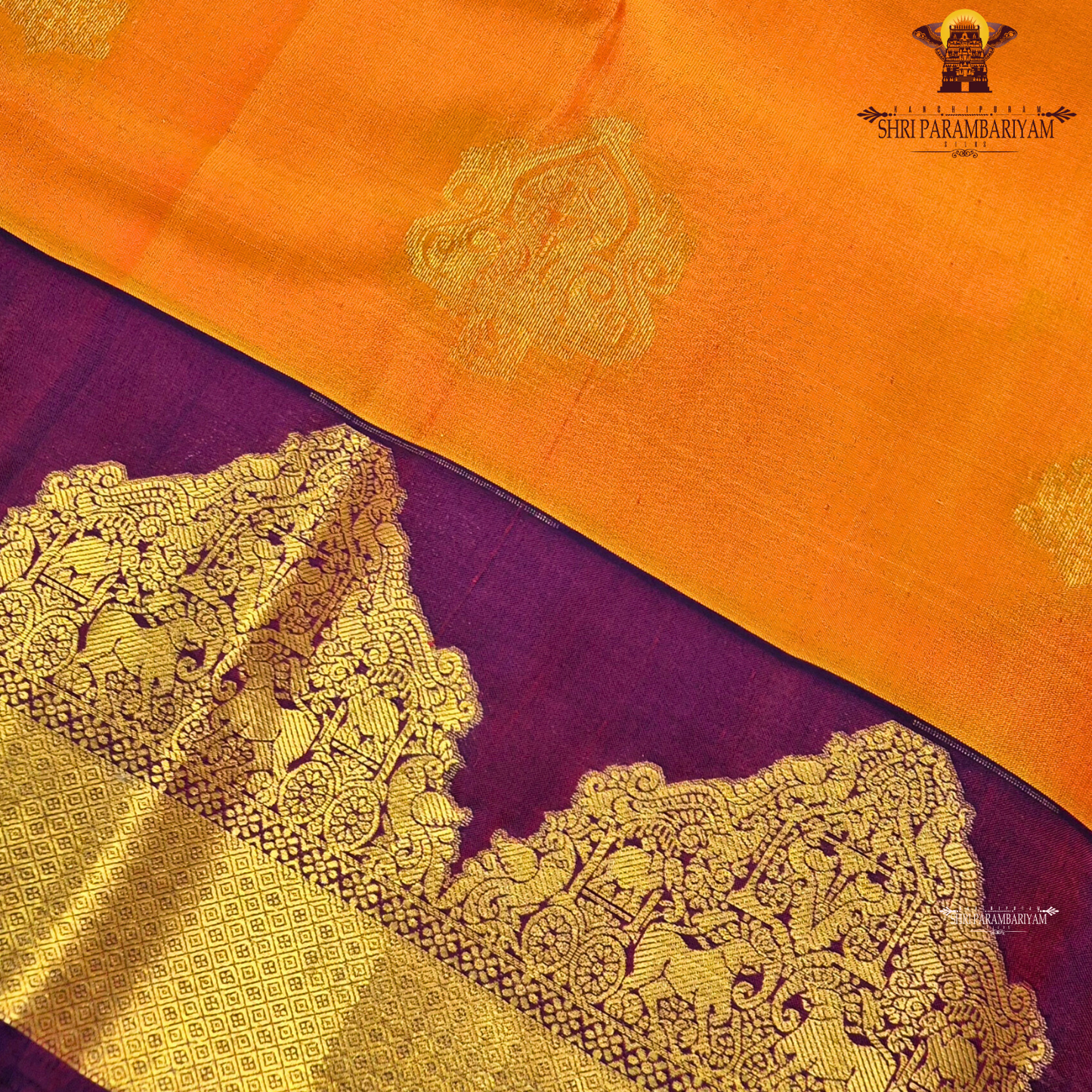 Radiant sunset orange with Deep royal plum purple with opulent antique gold zari Saree