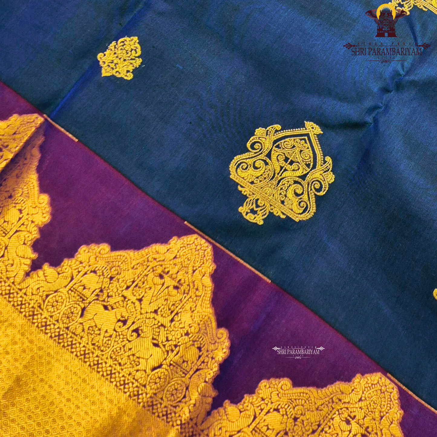 Elegant teal blue body with rich royal purple contrast pallu and antique gold zari Saree