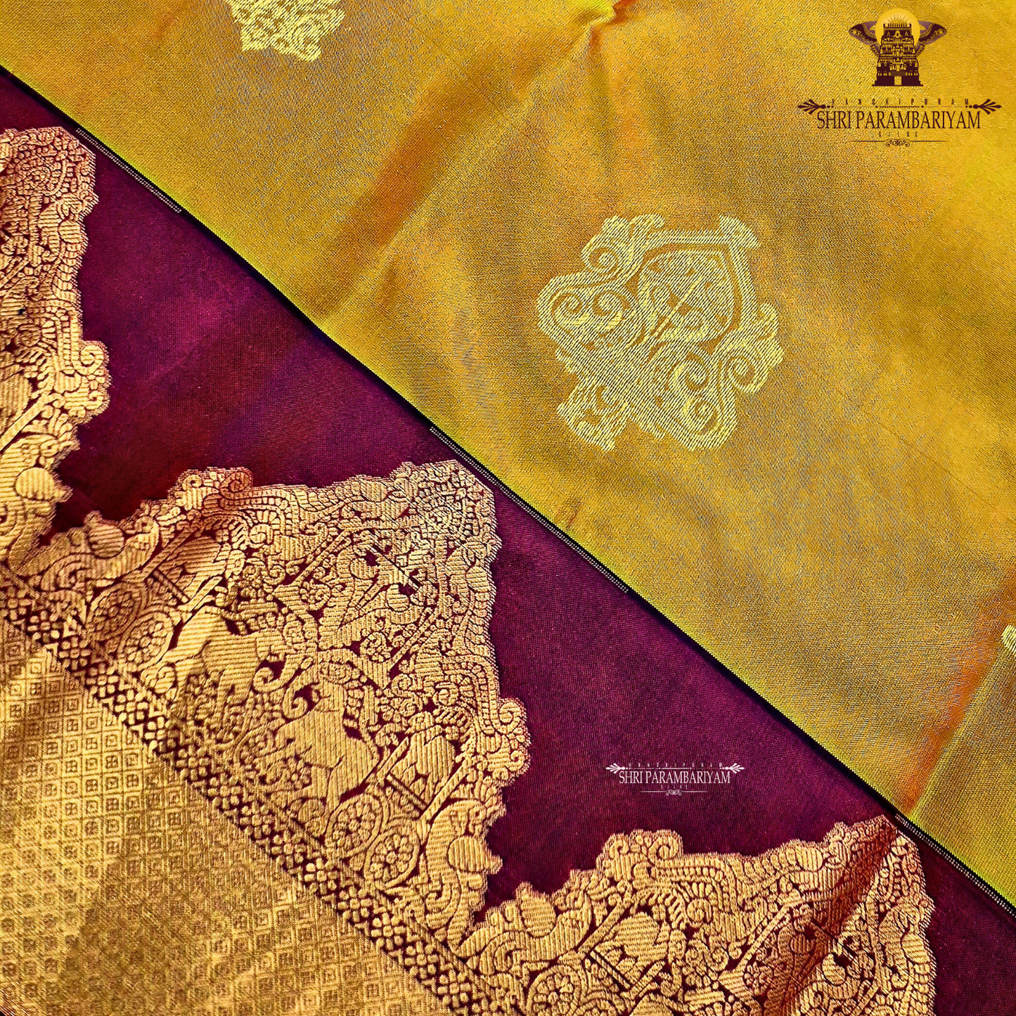 Rich mustard-gold body with deep maroon contrast pallu and antique gold zari Saree