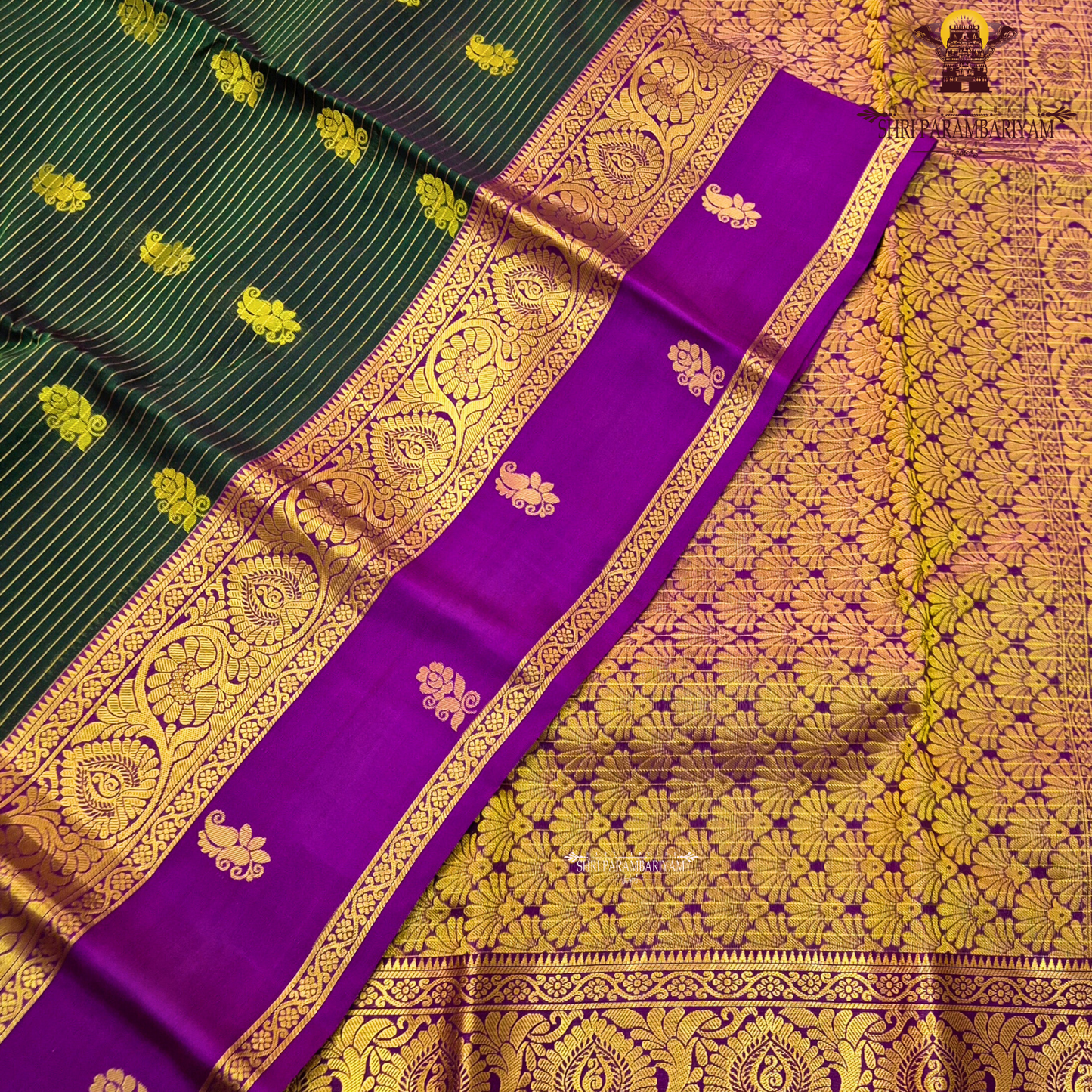 Deep bottle green body with rich royal purple contrast pallu and antique gold zari Saree