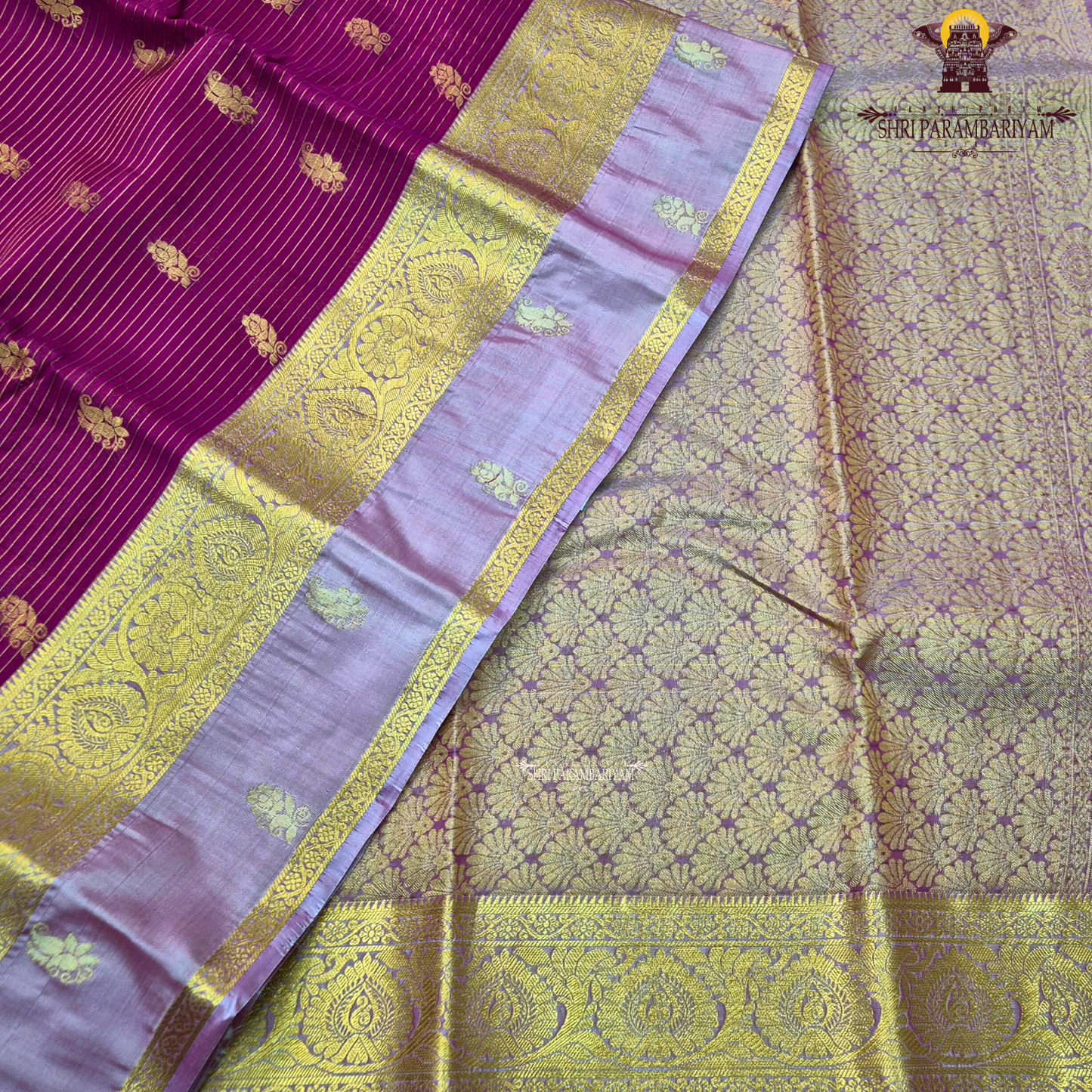 Rich magenta pink body with light pastel pink contrast pallu and antique gold zari Saree