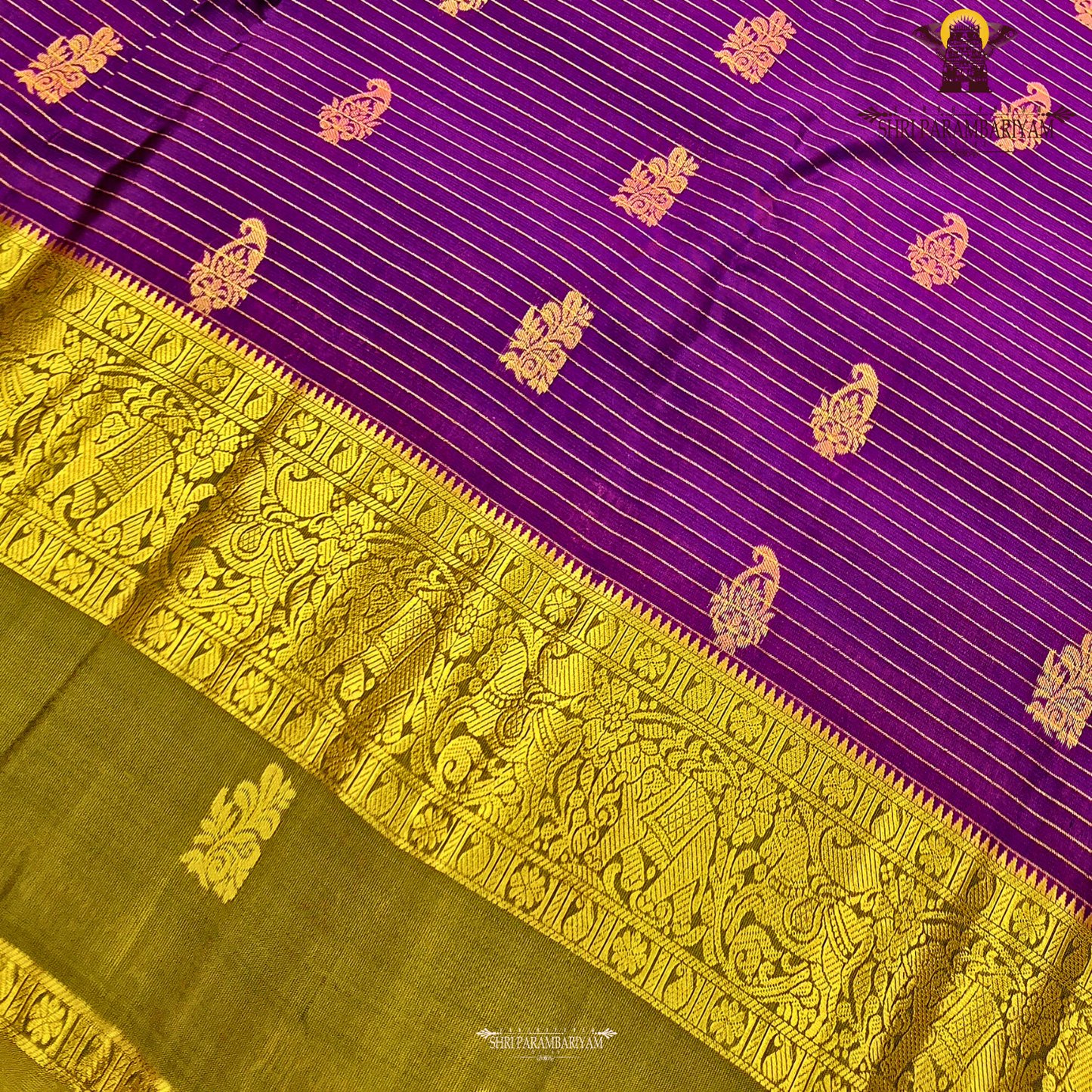 Royal purple body with olive green contrast pallu and rich antique gold zari Saree