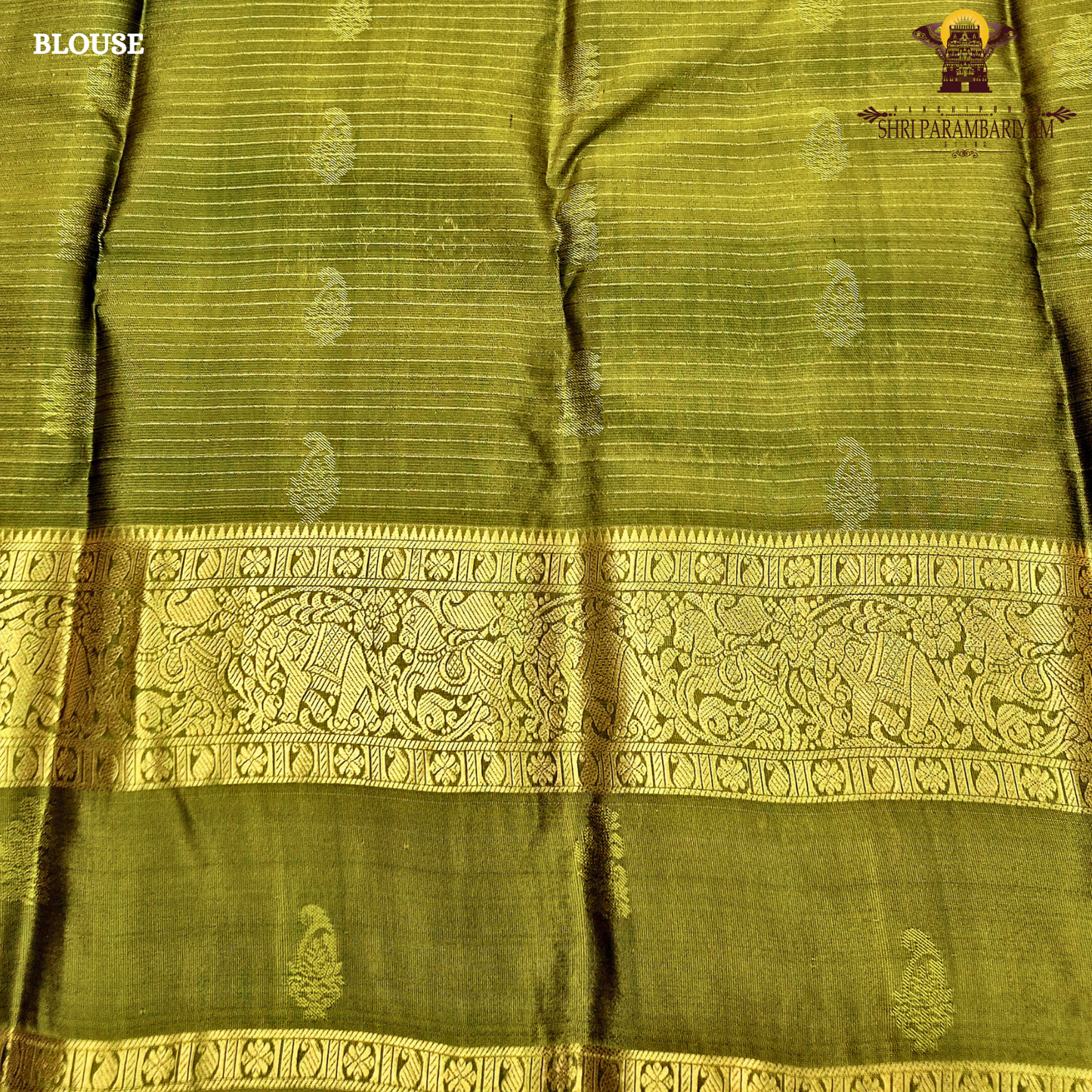 Royal purple body with olive green contrast pallu and rich antique gold zari Saree