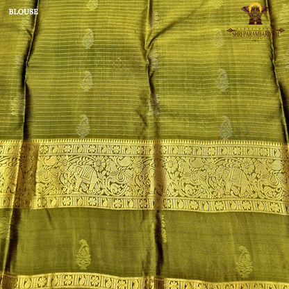 Royal purple body with olive green contrast pallu and rich antique gold zari Saree
