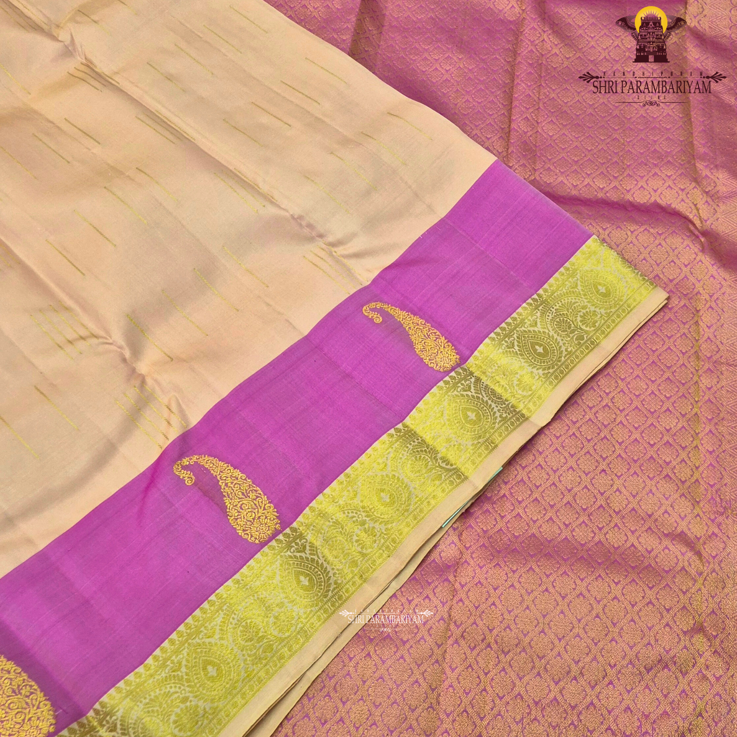 A graceful combination of soft peach and vibrant rani pink, enriched with elegant Saree