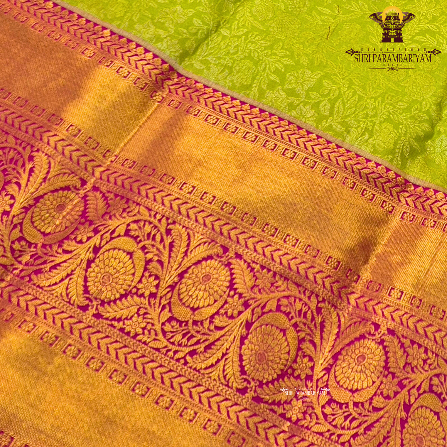 A refreshing parrot green body paired with a vibrant rani pink border Saree