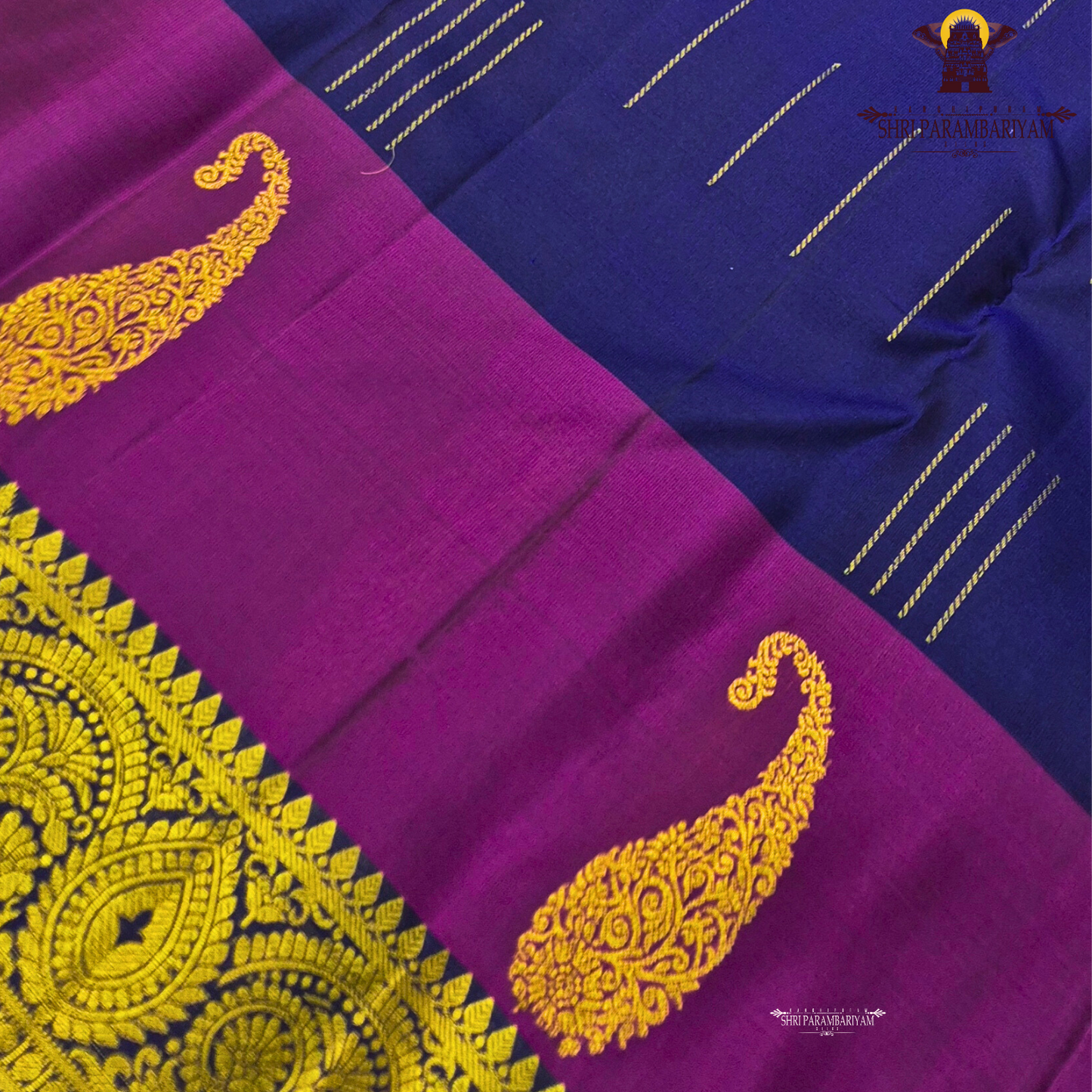A rich royal blue body beautifully contrasted with a vibrant magenta Saree
