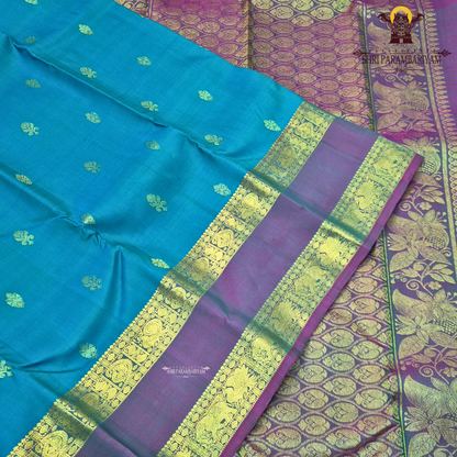 A turquoise Blue and Violet Purple with rich Gold Zari Saree