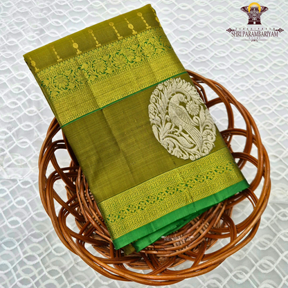 A rich olive green (mehendi green) shade, beautifully highlighted with intricate Saree