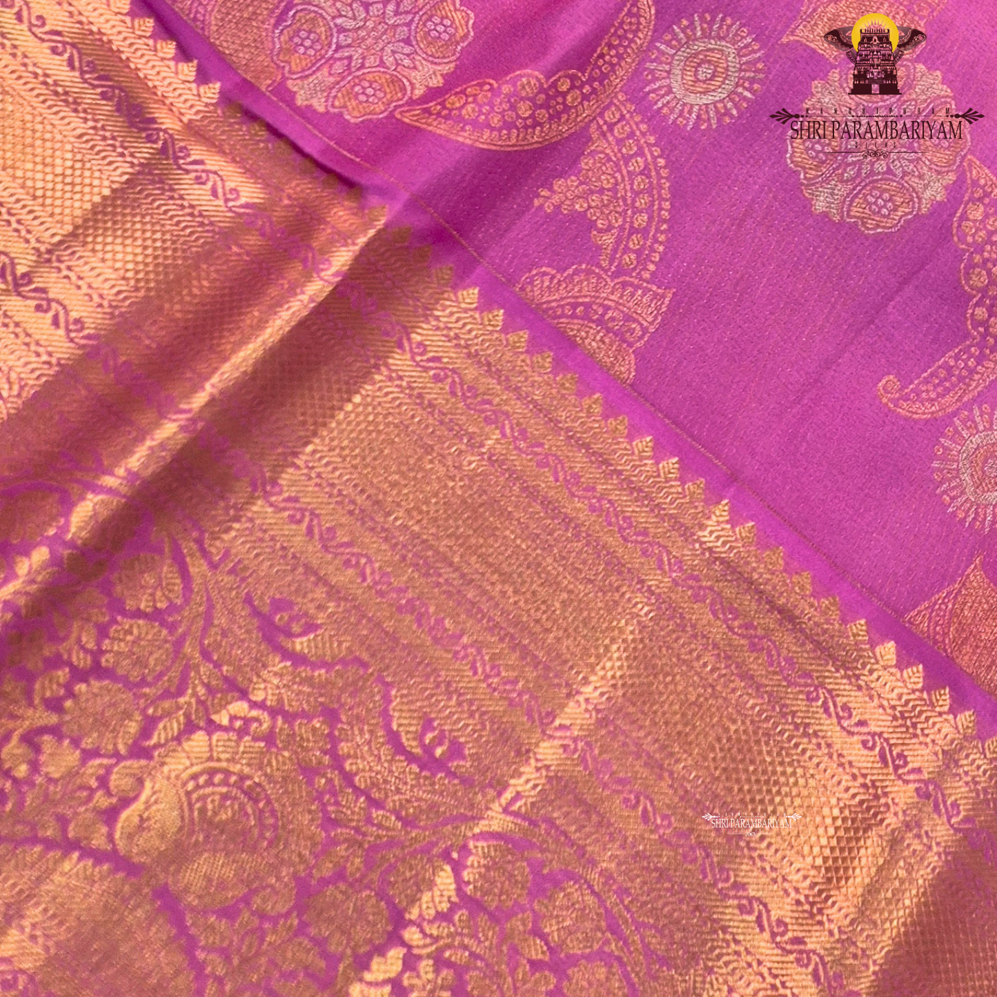 A bright and elegant rani pink (magenta tone) with rich gold zari Saree