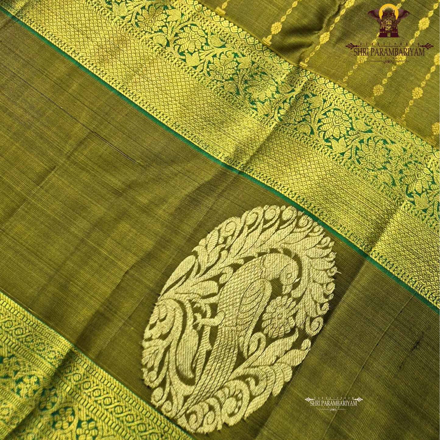 A rich olive green (mehendi green) shade, beautifully highlighted with intricate Saree