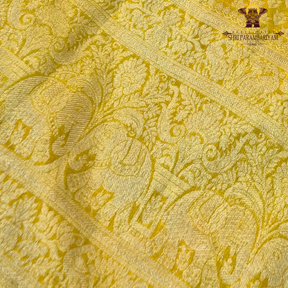 A rich mustard yellow shade with golden tones, giving it a bright and traditional Saree
