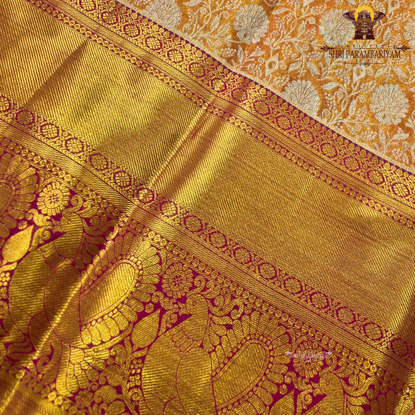 Rich mustard gold / honey gold with vibrant reddish-pink (rani pink) border Saree