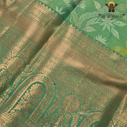 A refreshing parrot green / leaf green base with rich antique gold zari work Saree