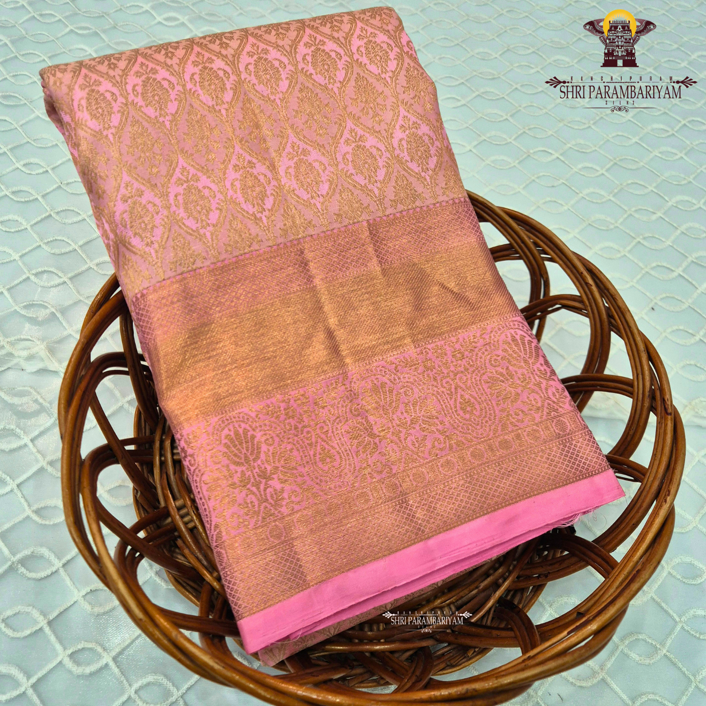 Soft baby pink with antique gold zari Saree