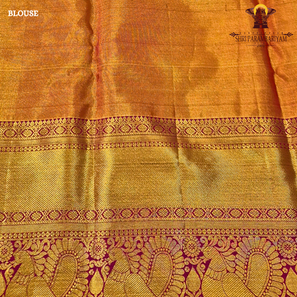 Rich mustard gold / honey gold with vibrant reddish-pink (rani pink) border Saree