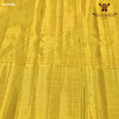 A rich mustard yellow shade with golden tones, giving it a bright and traditional Saree