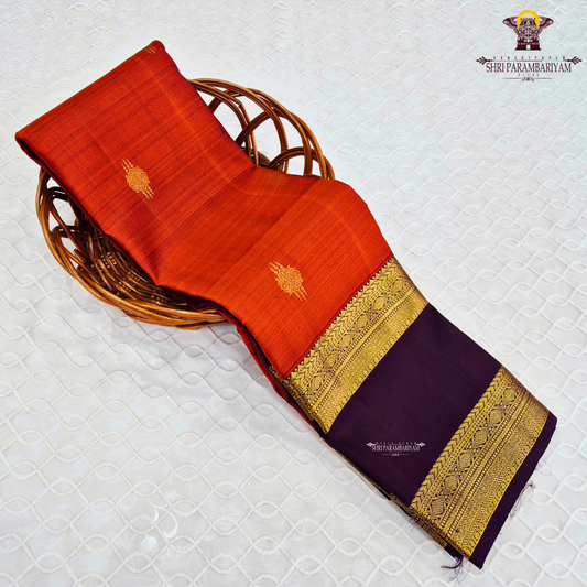 A rich Burnt Orange with Deep Aubergine Purple Border Saree