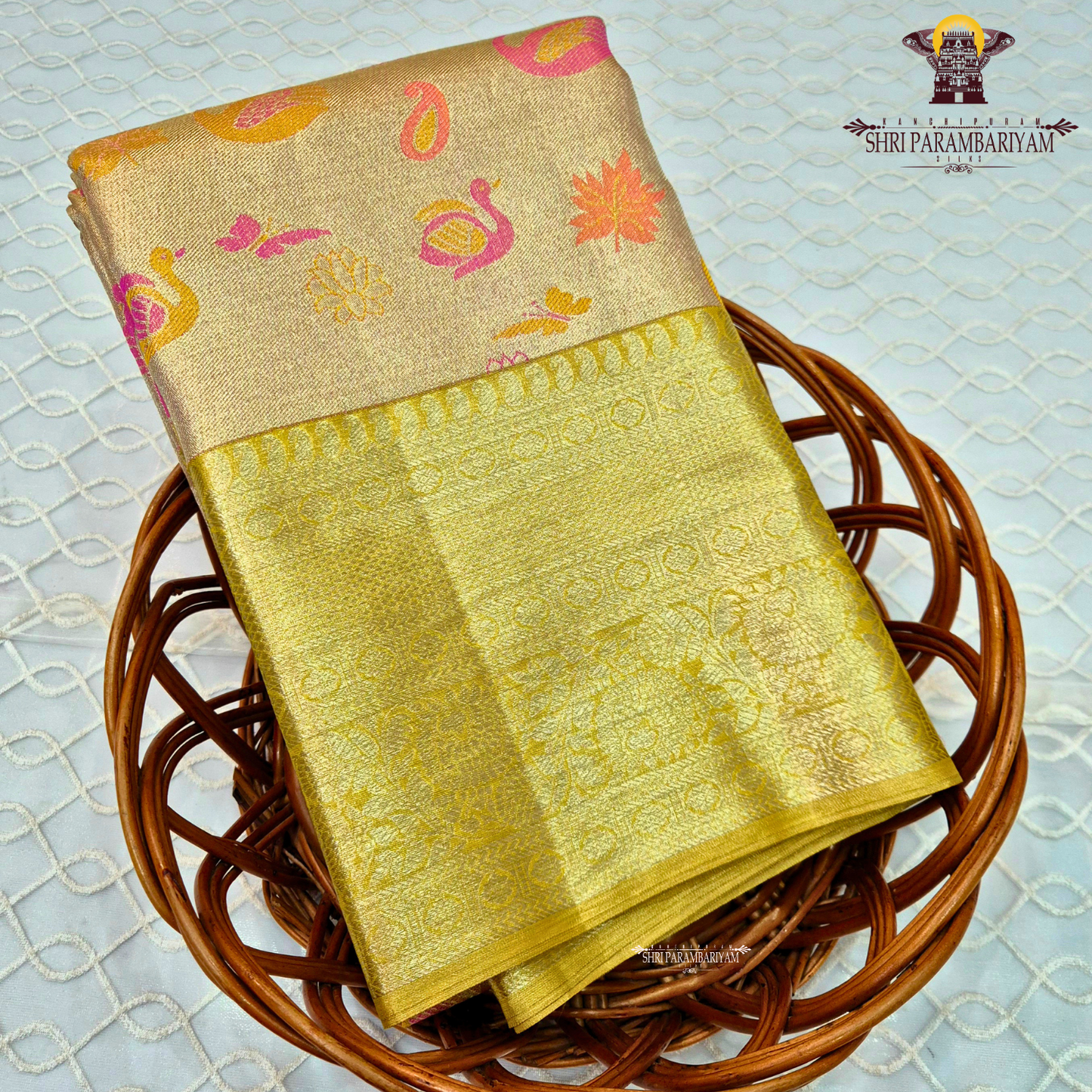 Elegant Champagne Gold / Light Gold with Multicolor motifs Saree