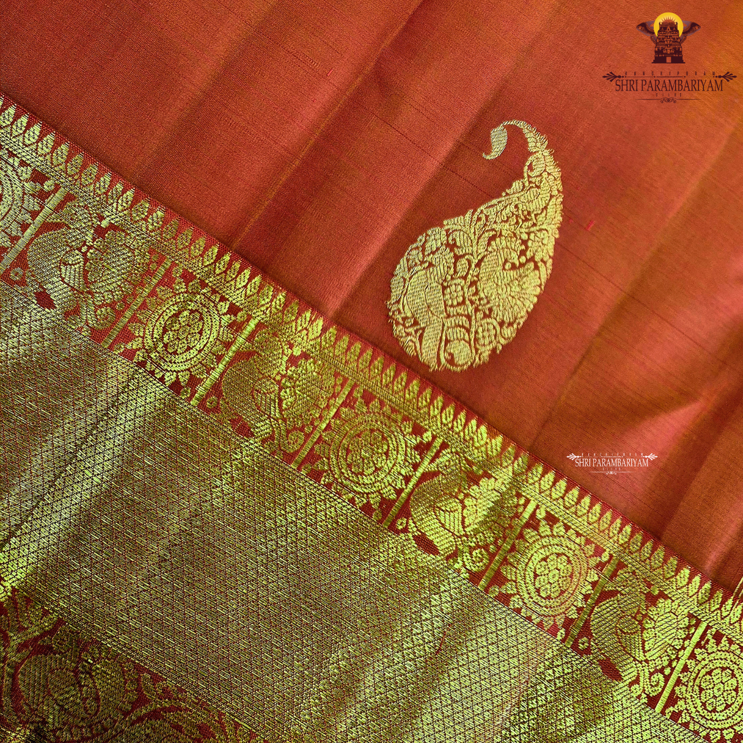 A radiant Vermilion Orange shade, beautifully highlighted with an exquisite gold zari Saree