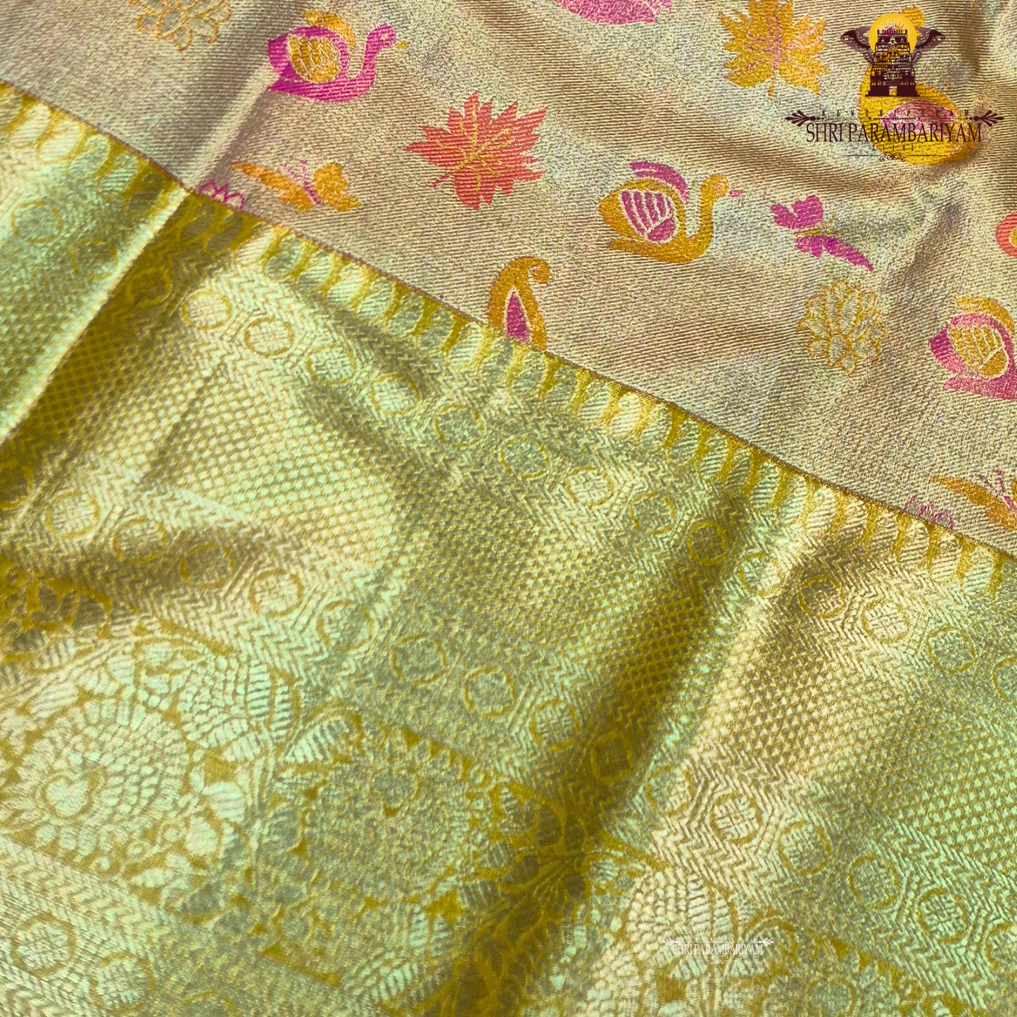 Elegant Champagne Gold / Light Gold with Multicolor motifs Saree