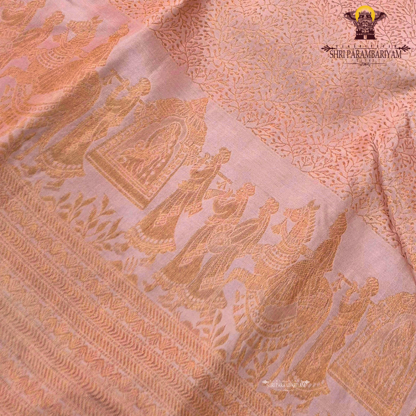 A soft peachy rose (muted bridal pink) shade with a warm undertone—an elegant Saree