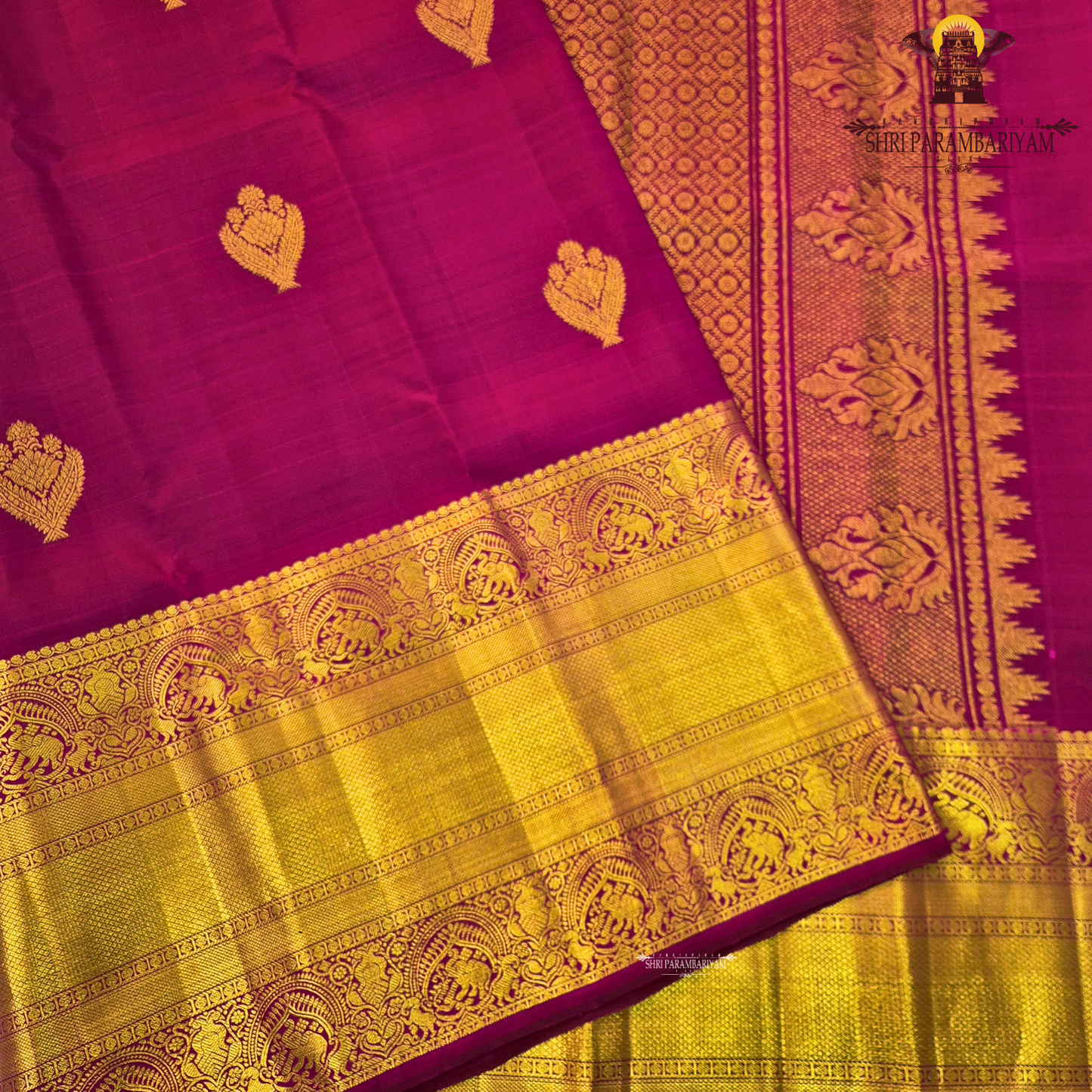A rich Magenta / Rani Pink with Antique Gold Zari Saree
