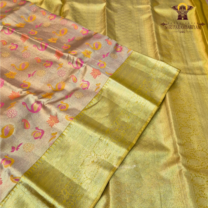 Elegant Champagne Gold / Light Gold with Multicolor motifs Saree