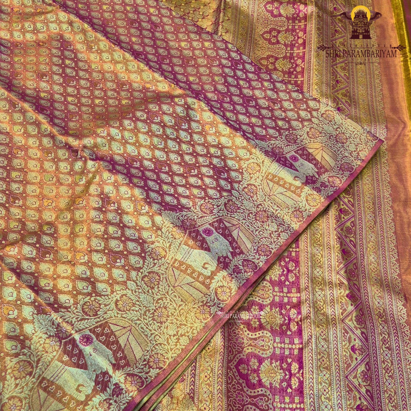 A shimmering copper-gold tissue base, giving the fabric a radiant and luxurious Saree