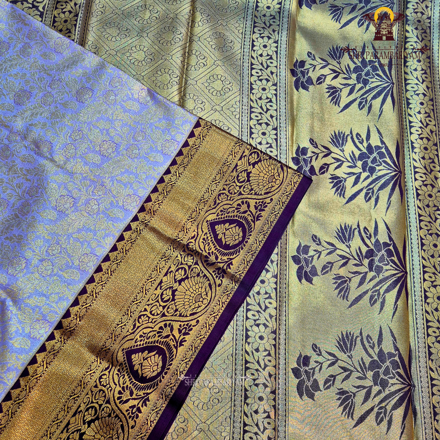 Rich lavender purple with an elegant gold zari sheen Saree
