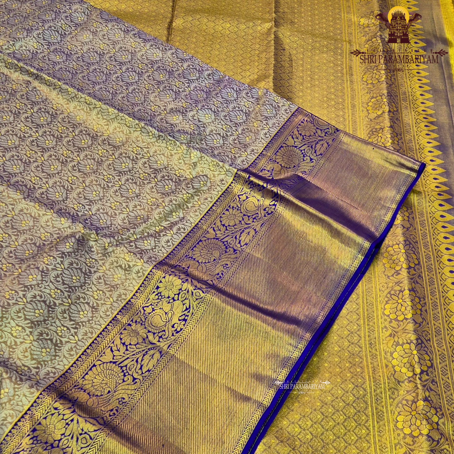 Elegant antique gold / muted gold with a rich royal blue border Saree