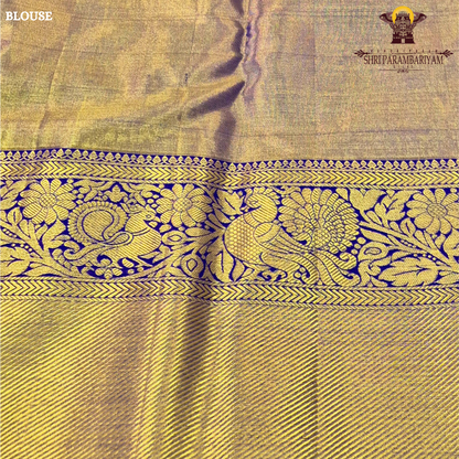 Elegant antique gold / muted gold with a rich royal blue border Saree