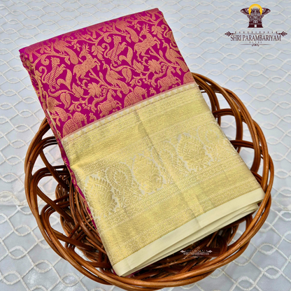 A vibrant deep magenta / rani pink body paired with a rich gold zari Saree
