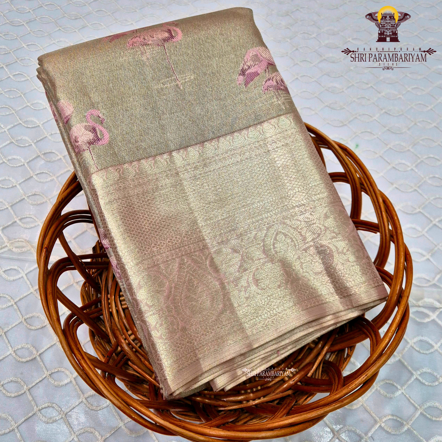 Subtle Pastel Gold / Antique Gold with Soft Pink motifs Saree