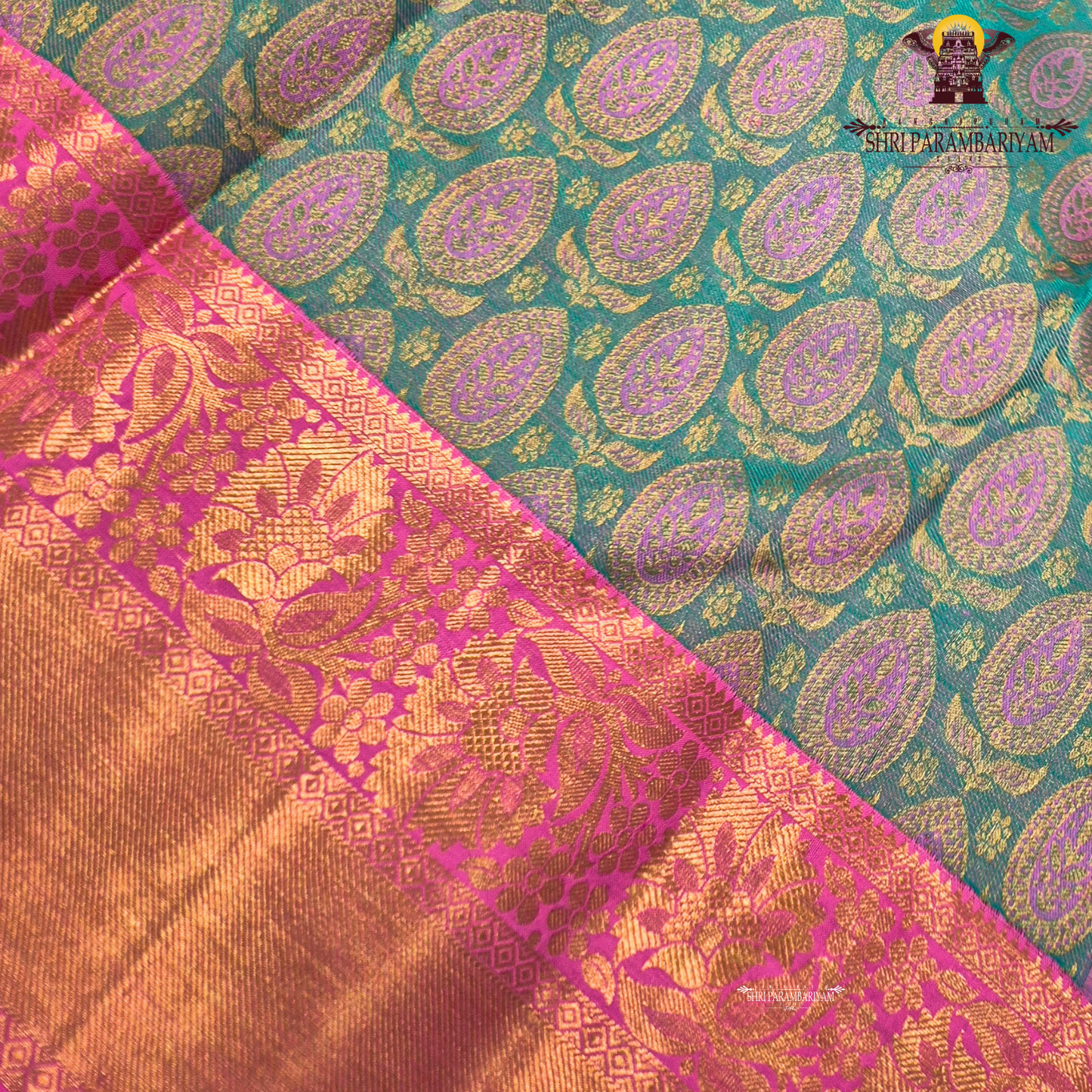 Peacock green (teal green) body with rich pink contrast border & pallu Saree