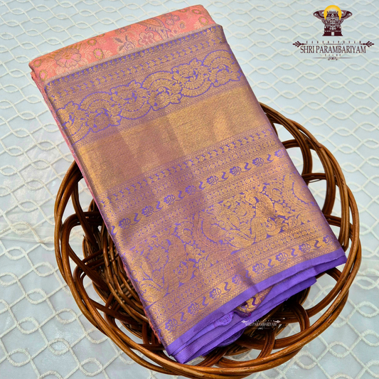 A beautiful dual-tone combination with a soft peach-pink body complemented Saree