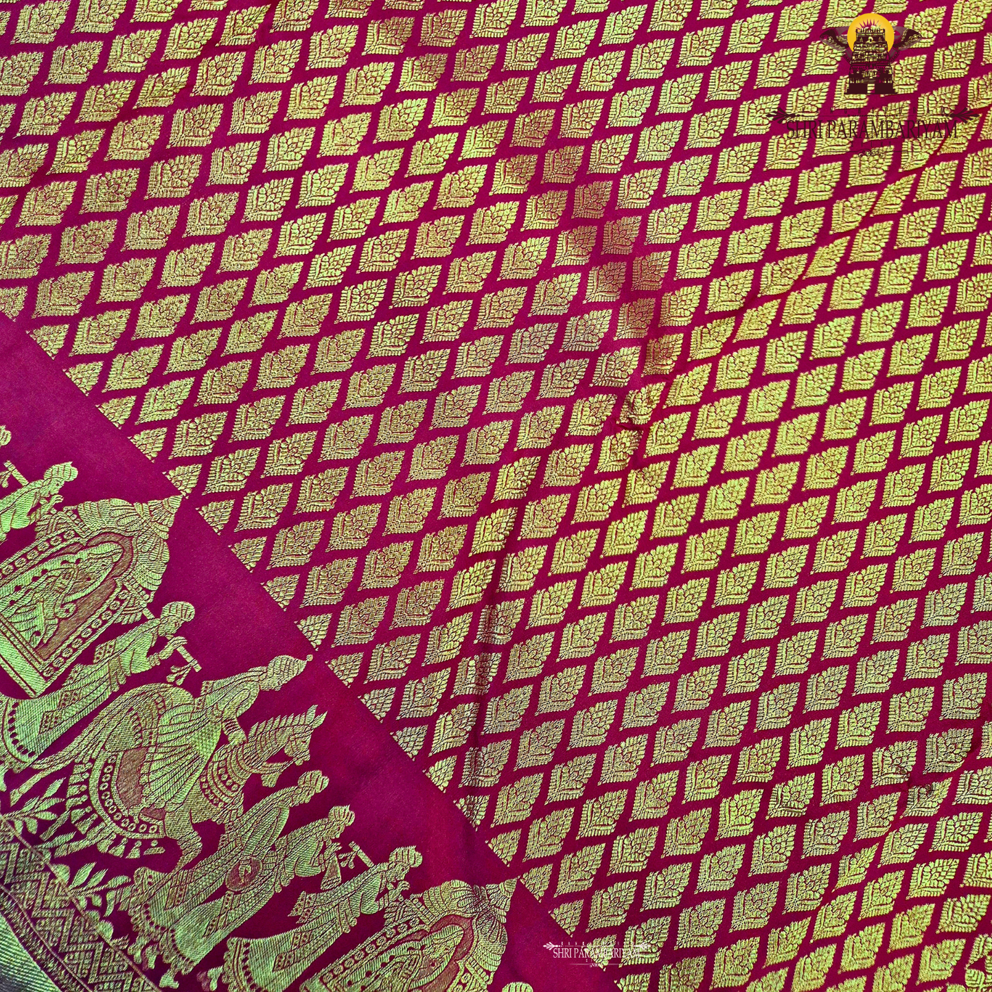 A rich and vibrant bridal red with lustrous gold zari work—classic Saree
