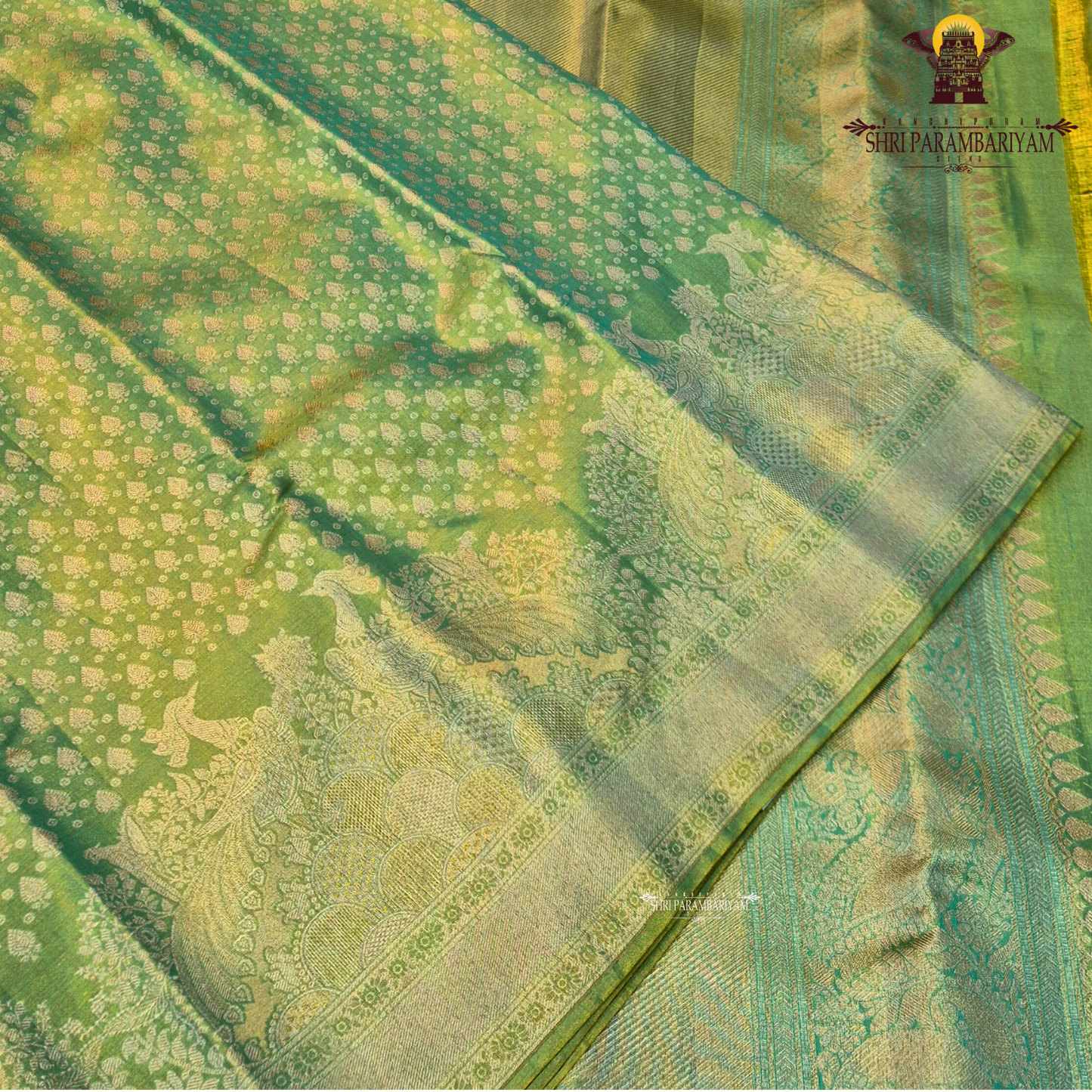 A rich parrot green shade beautifully highlighted with shimmering Saree