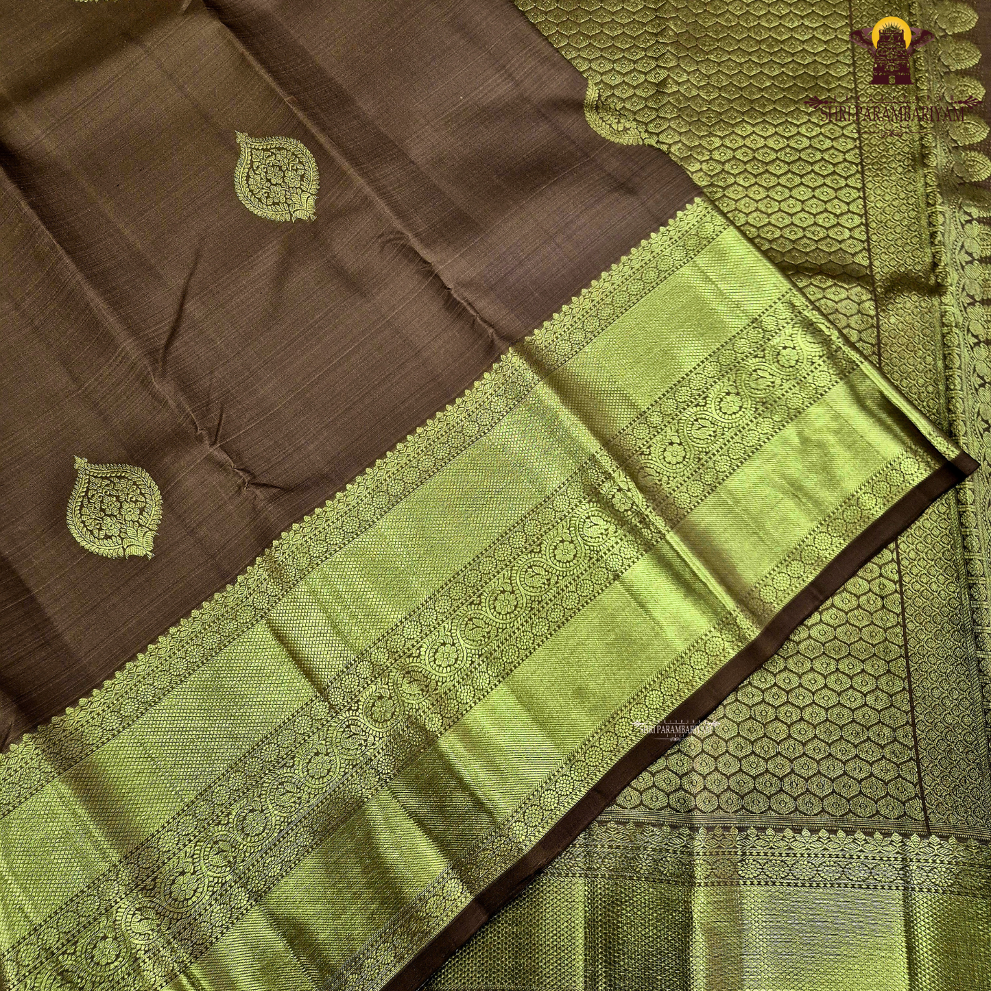 A sophisticated Antique Copper Brown / Golden Tan shade, beautifully enhanced with rich gold zari Saree